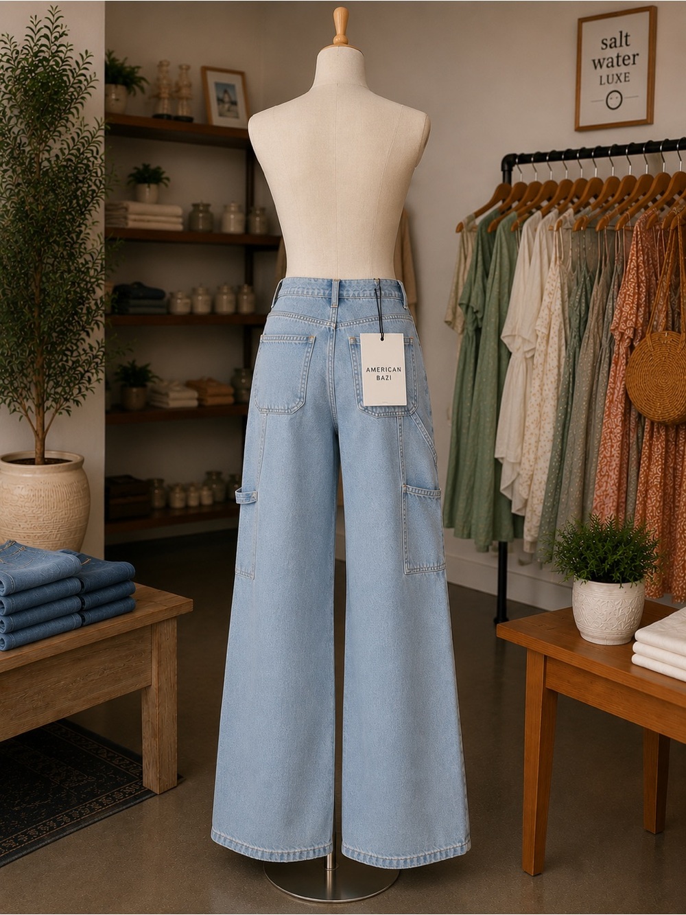 American Bazi Pale Blue Wide-Leg Utility Jeans. Inseam 31